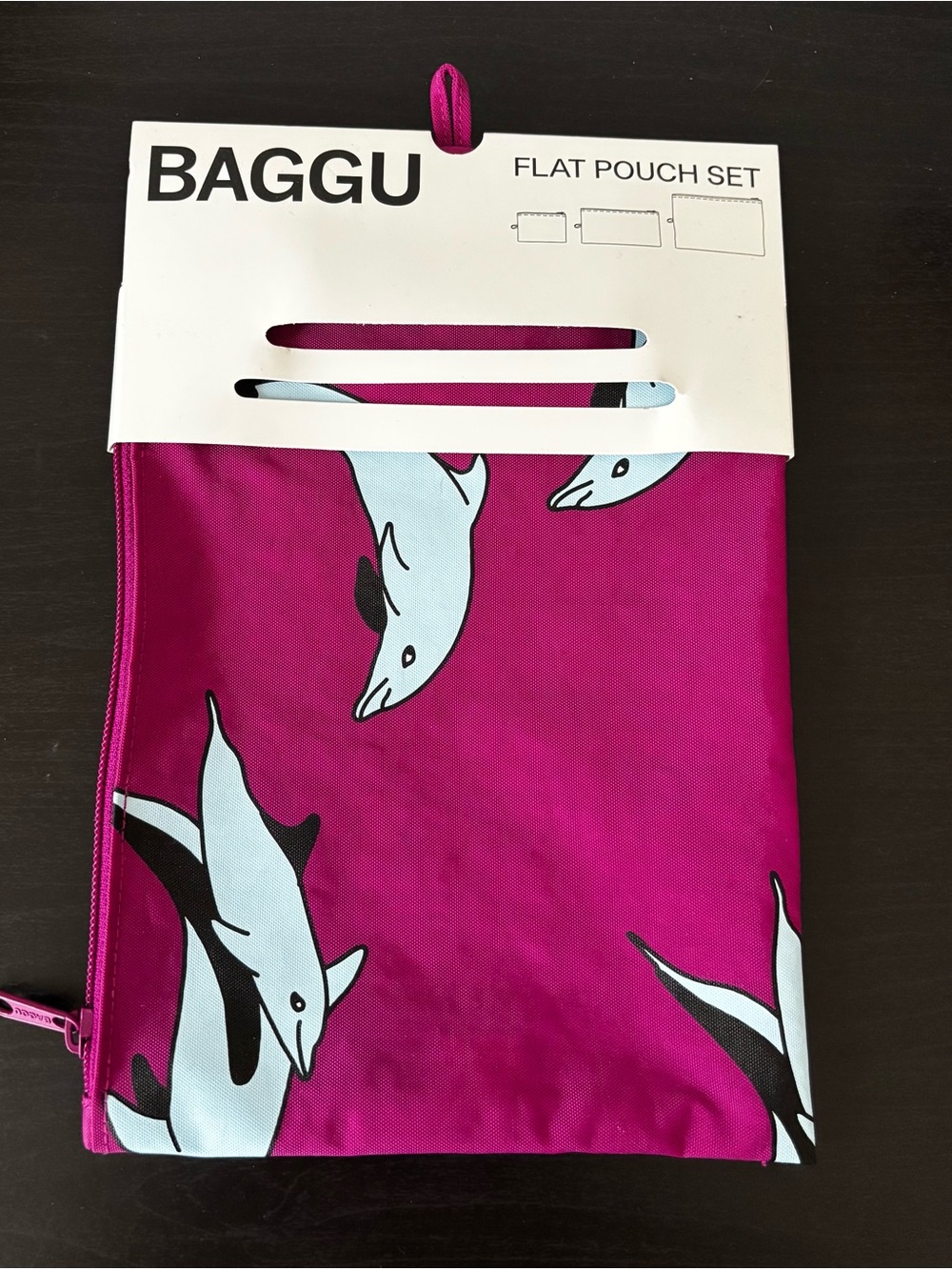 BAGGU Flat Pouch Large - Magenta with Light Blue Dolphin Print NWT